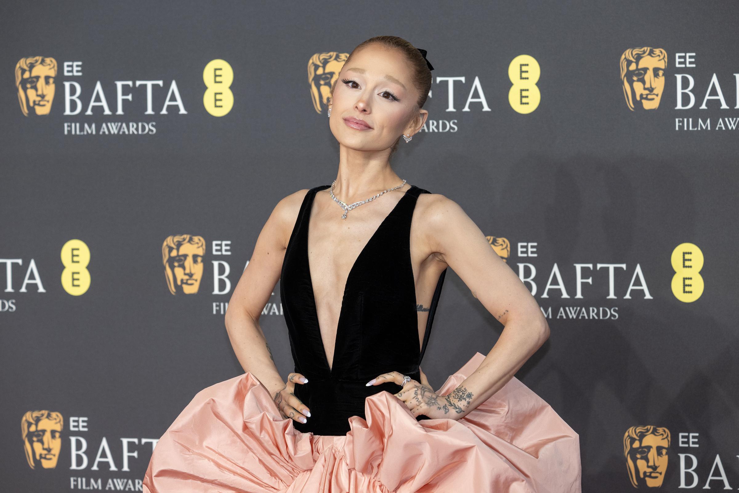 Ariana Grande poses on the red carpet at the 2025 EE BAFTA Film Awards in London, England | Source: Getty Images