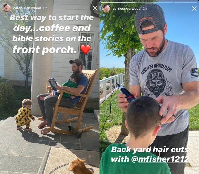 Carrie Underwood posts images of her husband Mike Fisher cutting their son's hair at home amid the novel coronavirus pandemic. | Source: InstagramStories/carrieunderwood