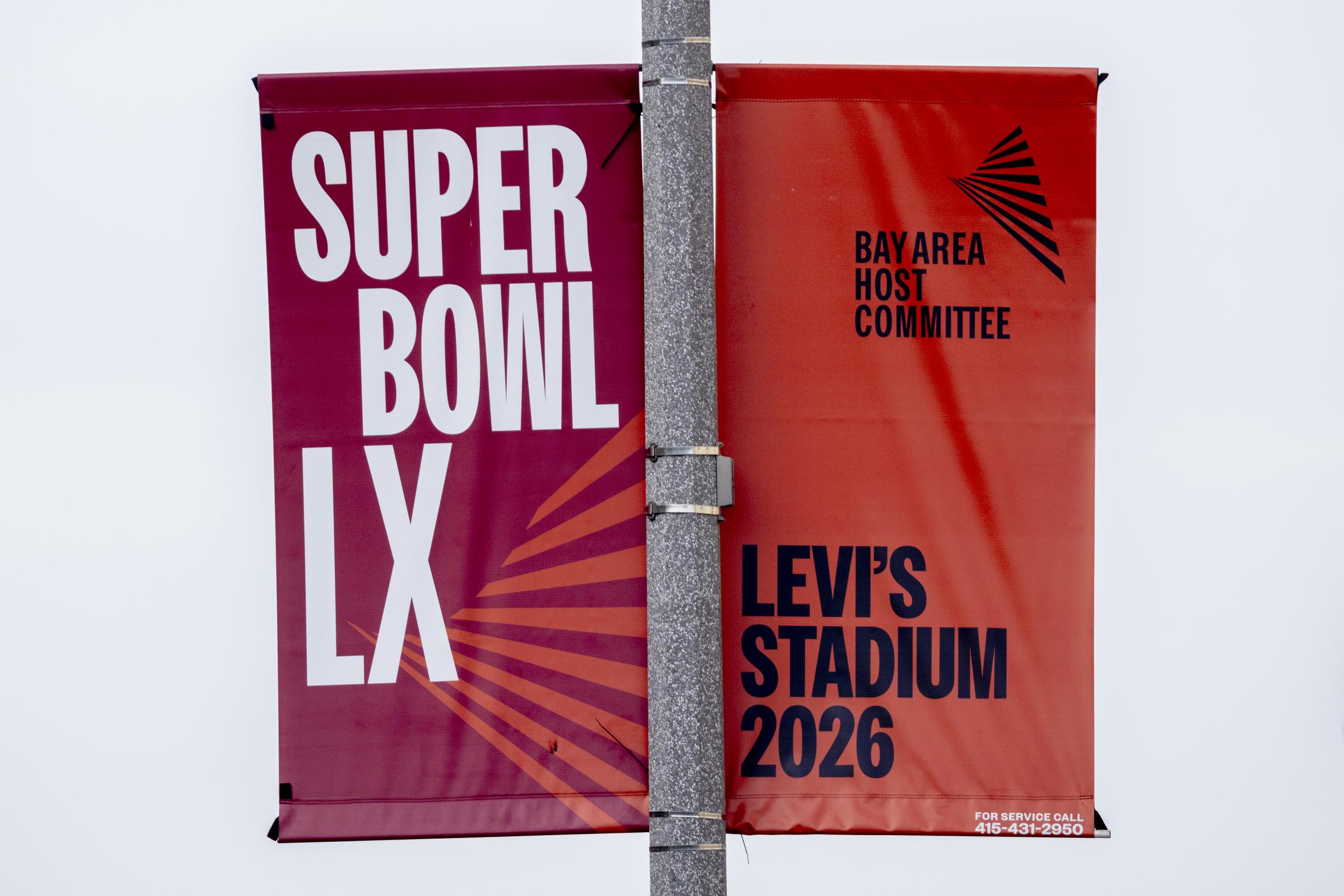 A Super Bowl LX sign is seen at Civic Center Plaza in San Francisco, Friday, Jan. 30, 2026. | Source: Getty Images