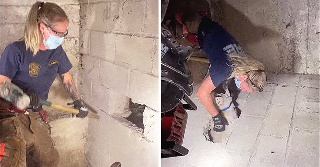 A firefighter using a sledgehammer to break through a wall in order to rescue a dog. | Source: facebook.com/Cincinnati.Fire.Department