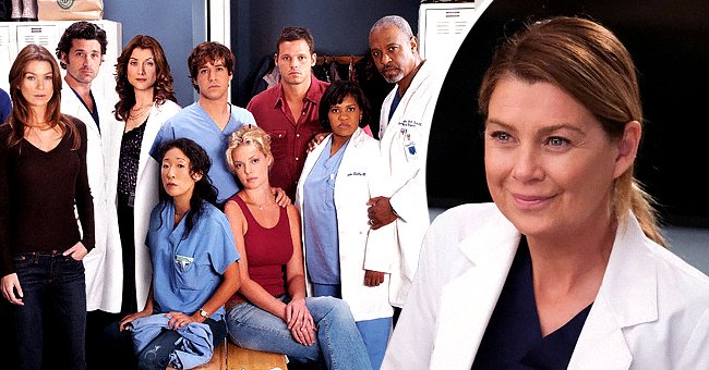 Pictured: (Standing) Isaiah Washington, Ellen Pompeo, Patrick Dempsey, Kate Walsh, T.R. Knight, Justin Chambers, Chandra Wilson, James Pickens, (Sitting) Sandra Oh and Katherine Heigl star on "Grey's Anatomy," the second photo shows a close-up of Pompeo in a white coat | Photo: Getty Images