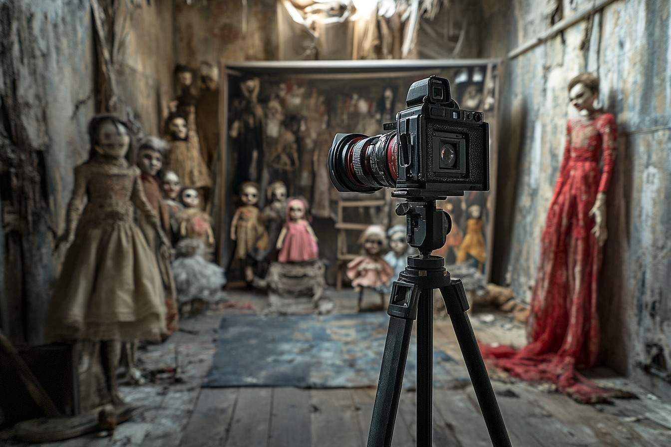 A camera on a tripod in a creepy photo studio | Source: Midjourney