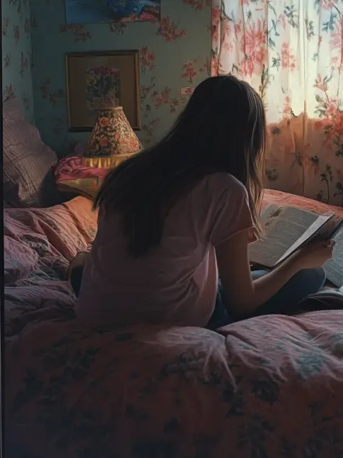 A young person reading on a bed | Source: Midjourney