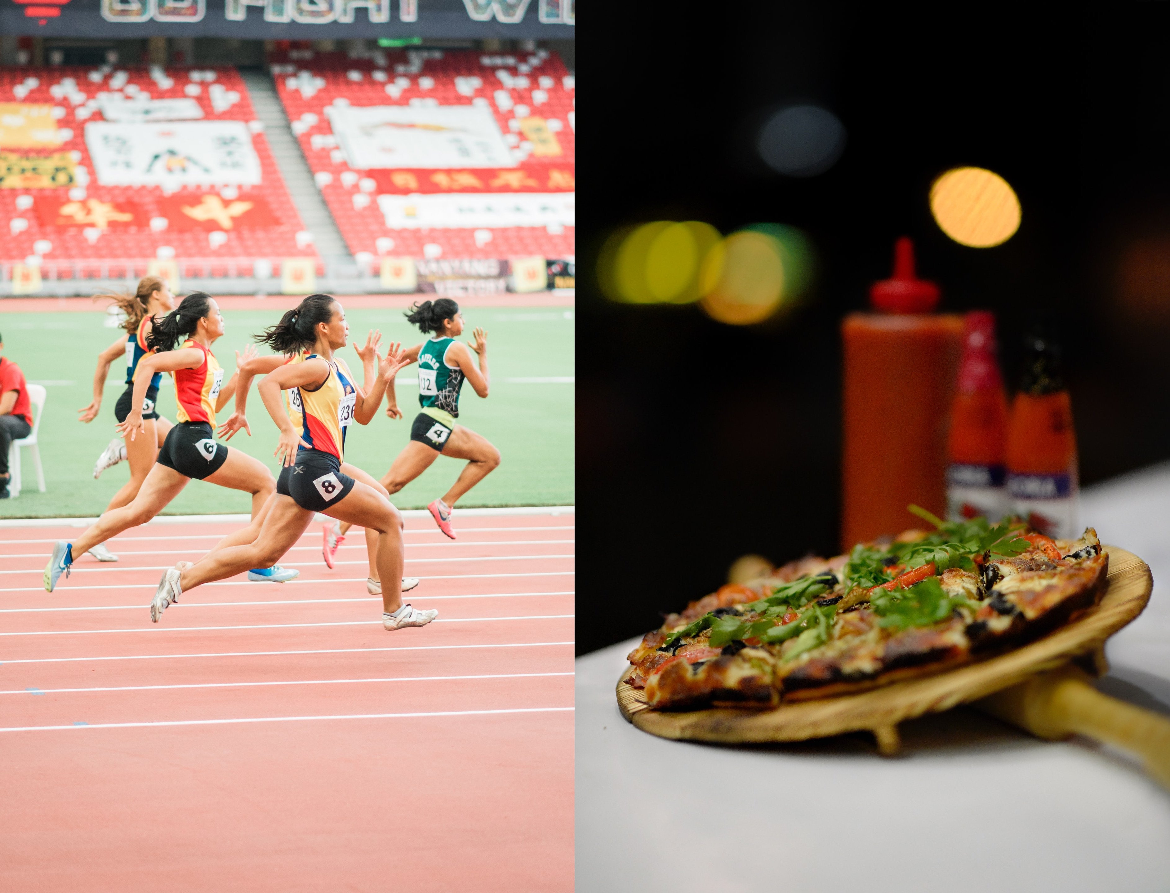 Sprinters running 100m race Alongside freshly baked Veggie Pizza | Source: Unsplash - Unsplash
