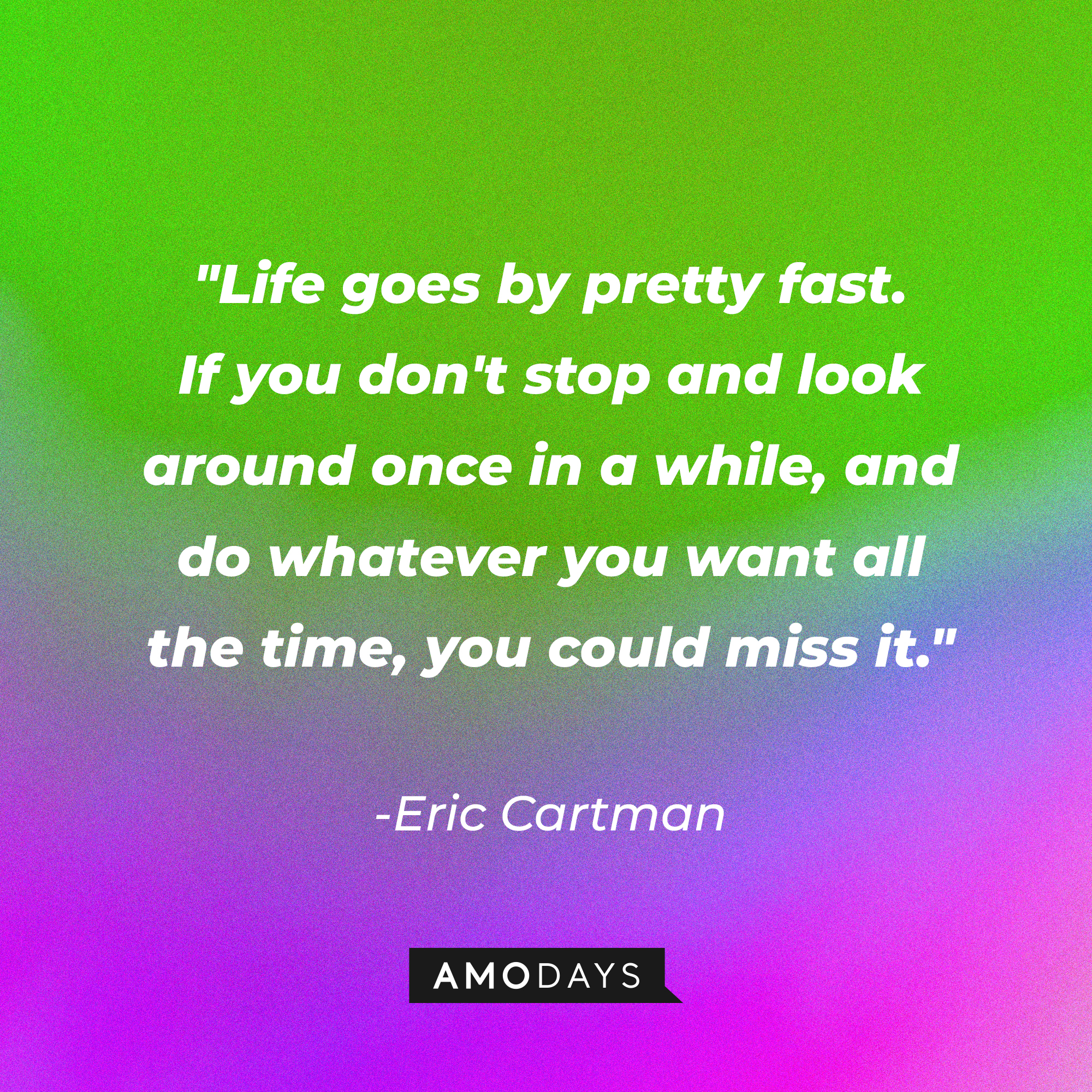Eric Cartman's quote: "Life goes by pretty fast. If you don't stop and look around once in a while, and do whatever you want all the time, you could miss it." | Source: AmoDays