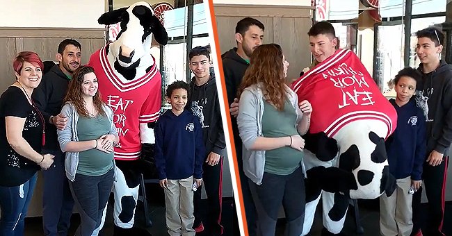 Brandy Rodriguez getting her picture taken with the Chick-fil-A cow and her in-laws [left]; Chick-fil-A shocked to see her husband Antonio Rodriguez in the Chick-fil-A cow costume [right]. | Source: facebook.com/cfaskibo