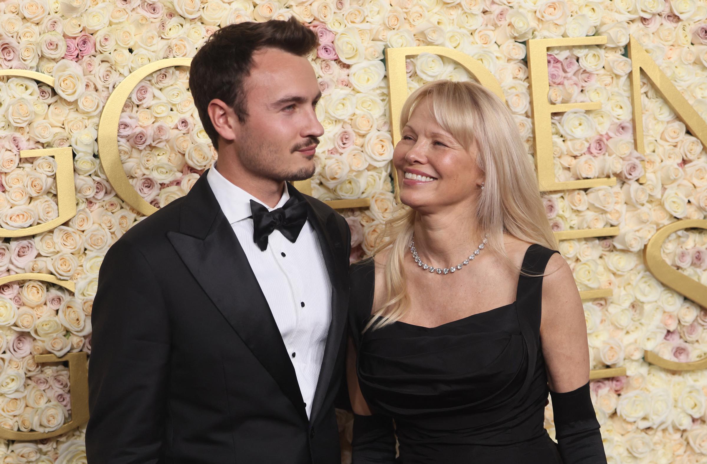 Pamela Anderson and her son Brandon Thomas Lee at the 82nd annual Golden Globe Awards in Beverly Hills, California, on January 5, 2025. | Source: Getty Images