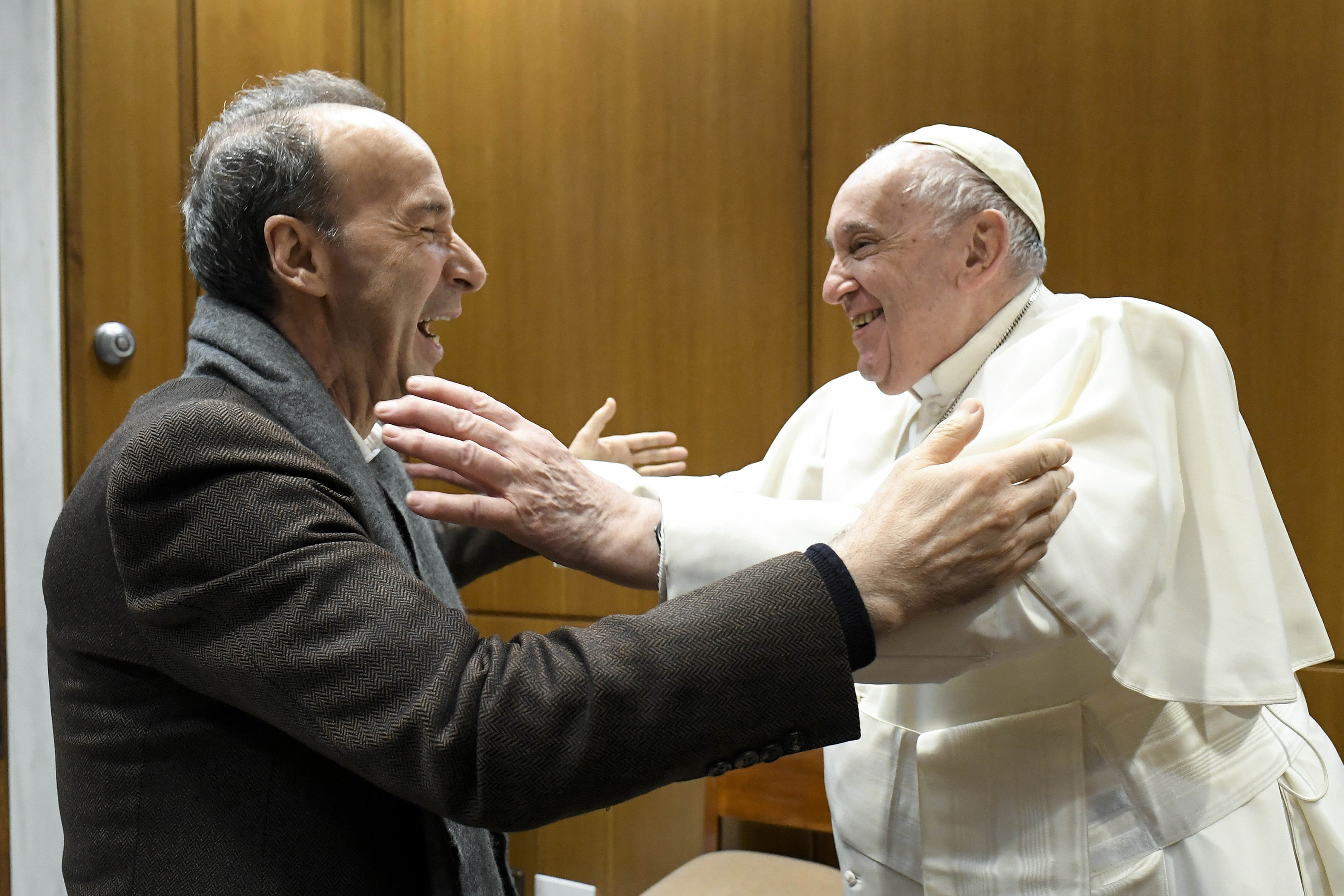 Pope Francis meeting Italian actor and director Roberto Benigni at Paul VI Hall in Vatican City, Vatican on December 7, 2022. | Source: Getty Images