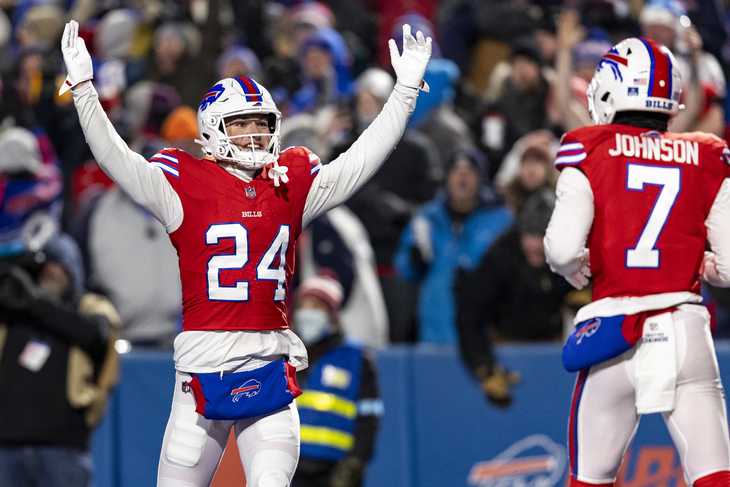 Buffalo Bills celebrate in the fourth quarter against the New England Patriots at Highmark Stadium in New York on December 22, 2024 | Source: Getty Images