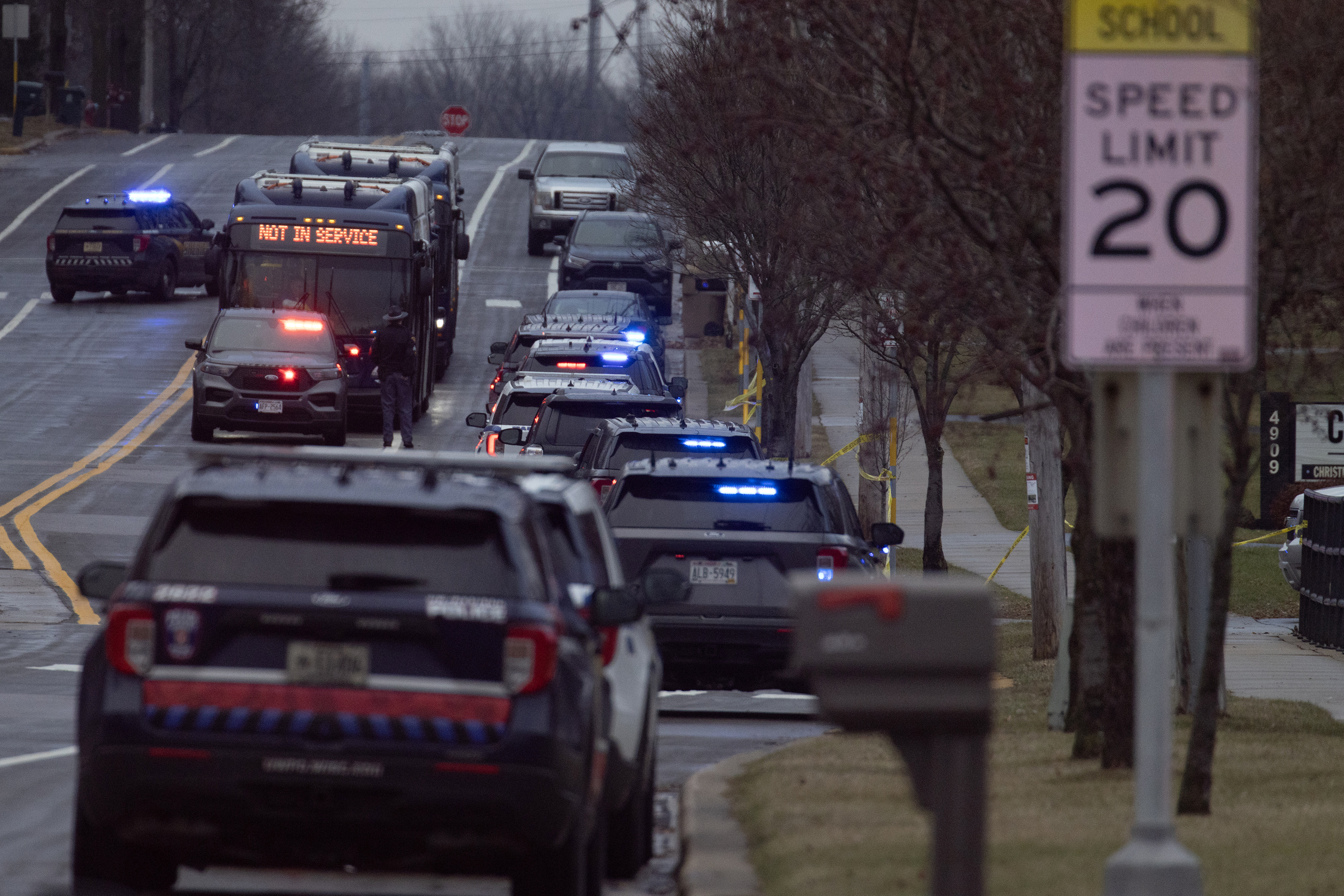 Emergency vehicles pictured in front of the Abundant Life Christian School on December 16, 2024, in Madison, Wisconsin. | Source: Getty Images