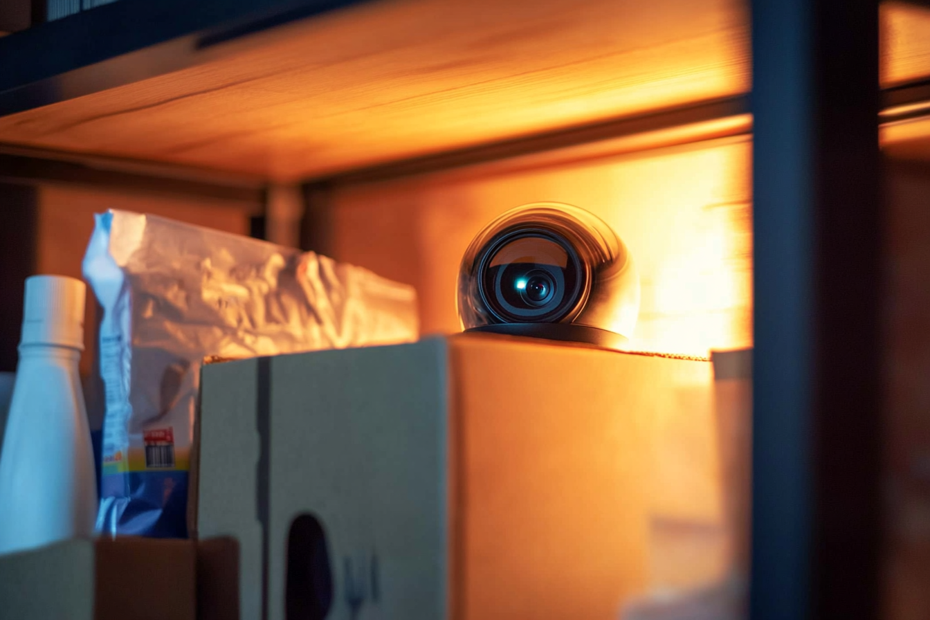 A small camera on a box of cleaning supplies | Source: Midjourney