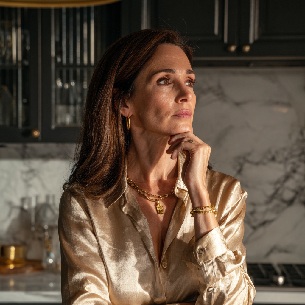 A concerned older woman standing in a kitchen | Source: Midjourney