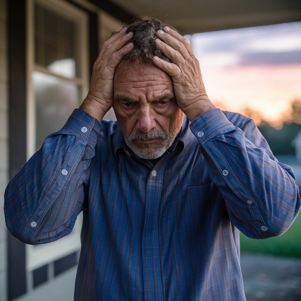 An old man standing on a front porch, holding his head in shame | Source: Midjourney