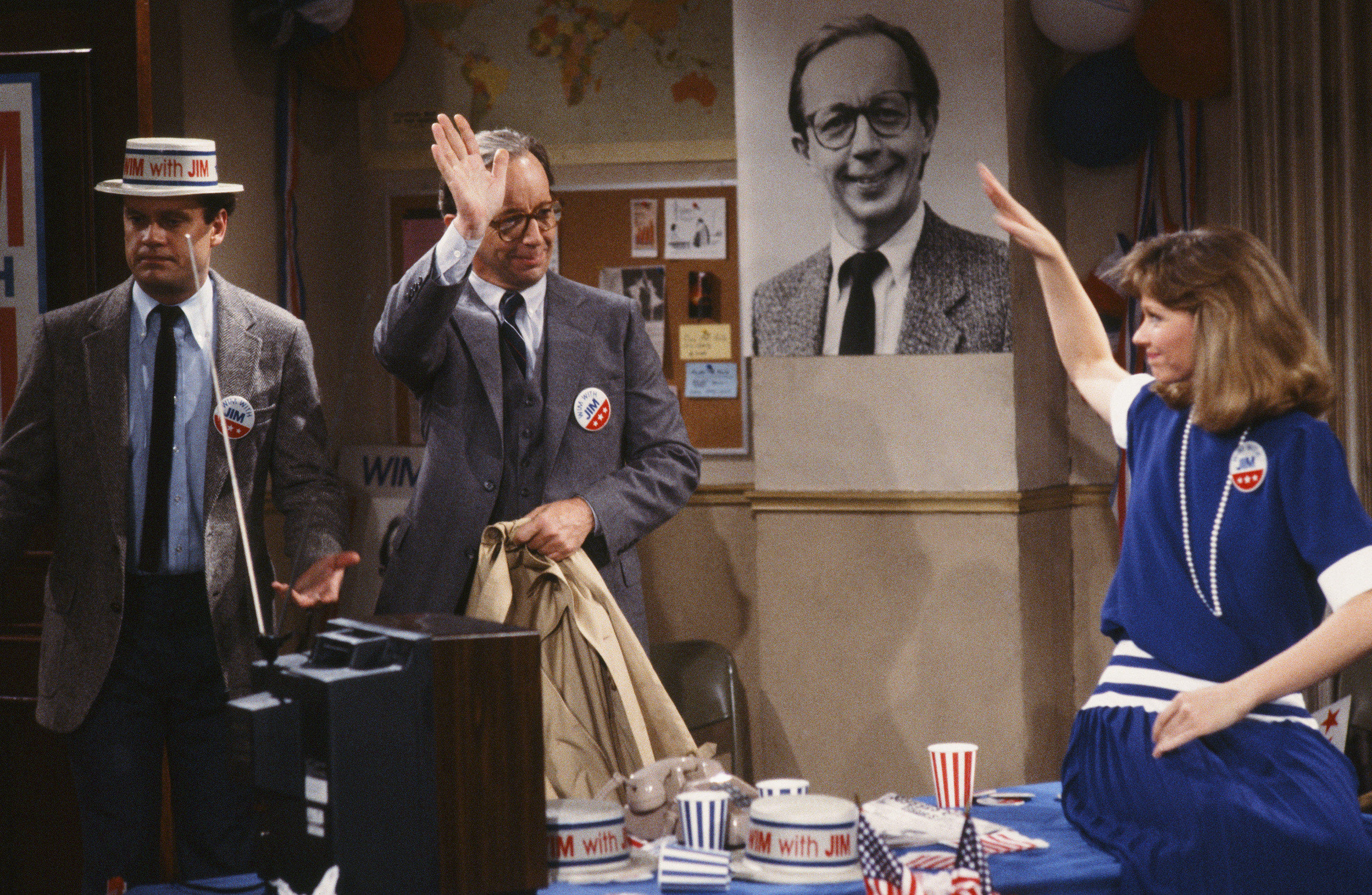 Paul Willson as Paul Krapence, Max Wright as Jim Fleener, Shelley Long as Diane Chambers in "Strange Bedfellows: Part 1" Episode 24. | Photo: Getty Images