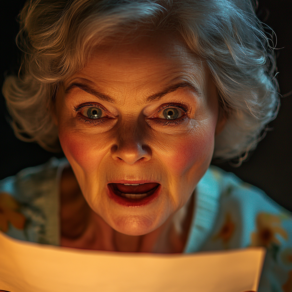 A startled older woman reading a letter | Source: Midjourney