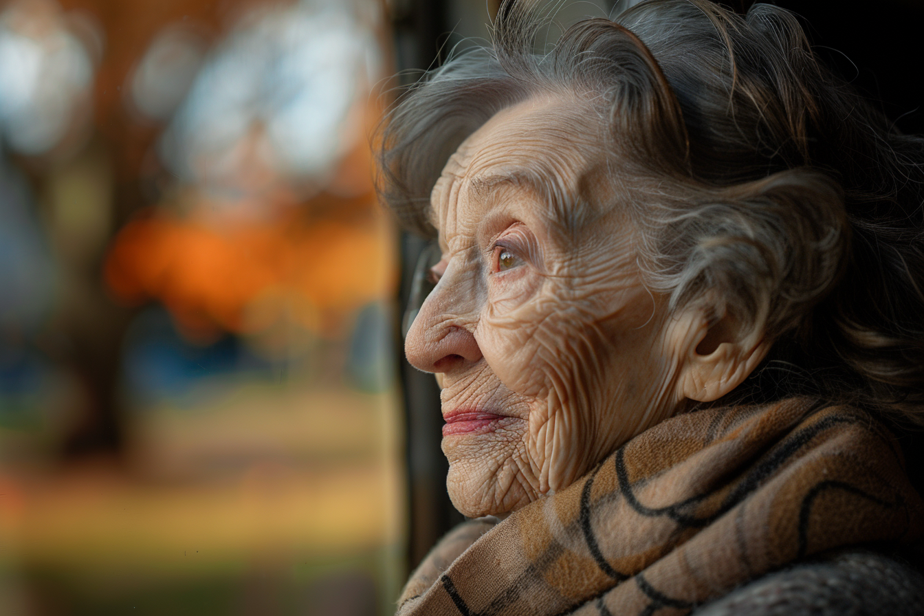 An older woman looking outside a window | Source: Midjourney