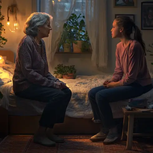 A grandmother having a conversation with a teenage girl in a bedroom | Source: Midjourney