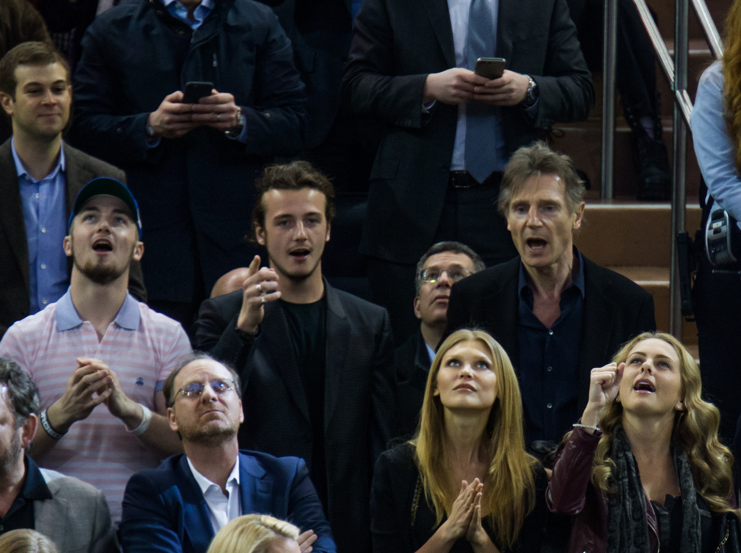 Liam Neeson and his sons, Daniel Neeson and Micheal Neeson attend New York Rangers Vs. Boston Bruins game at Madison Square Garden on March 23, 2016, in New York City | Source: Getty Images