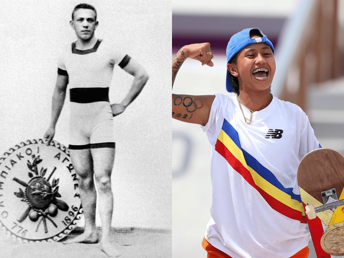 First Olympic Swimming Champion Alfred Hajos (left) and Margielyn Arda Didal at the Tokyo 2020 women's street skateboarding event (right) | Source: Wikimedia Commons, Instagram/olympics