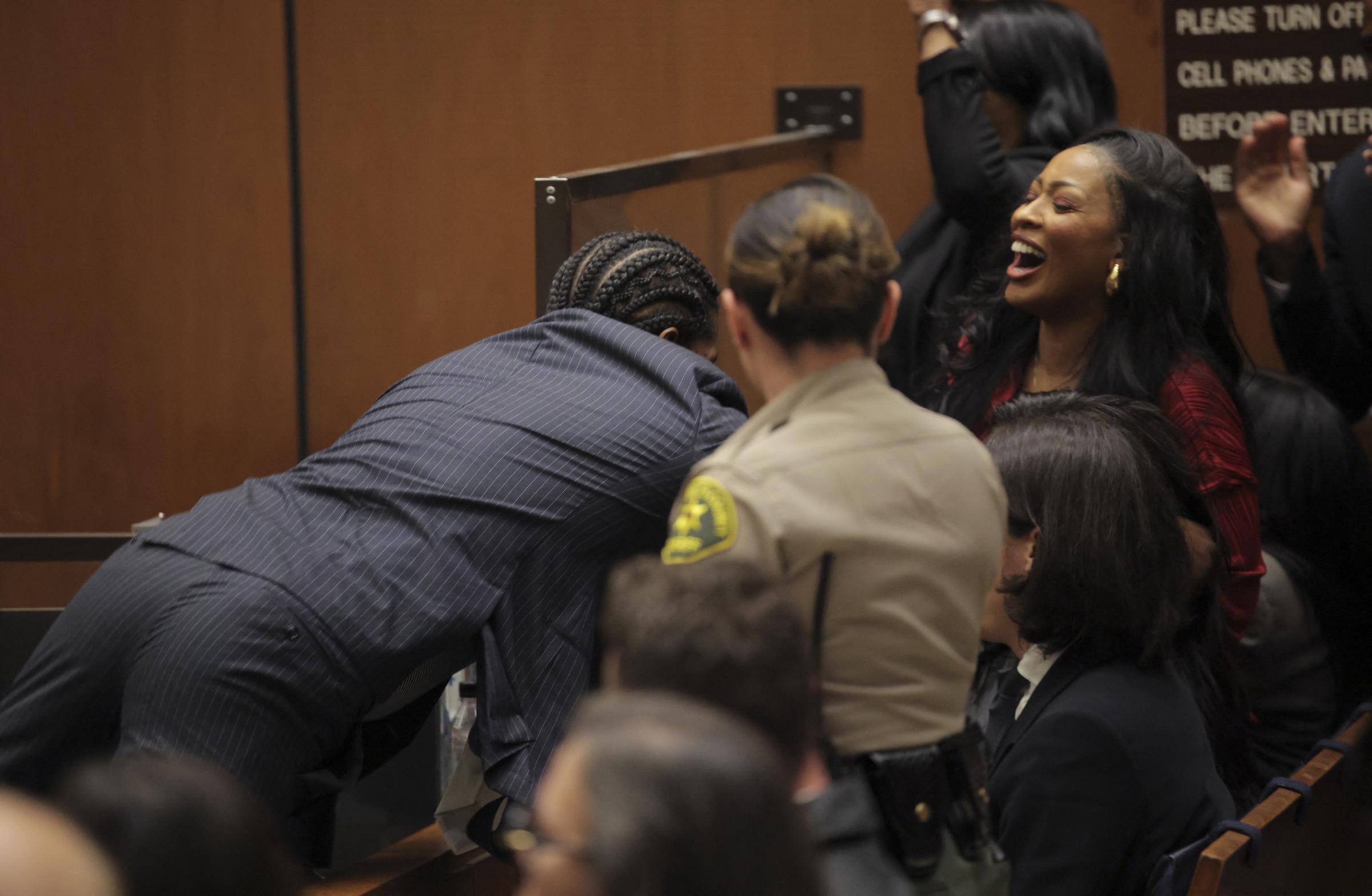 A$AP Rocky jumps toward a crowd after his not-guilty verdict in Los Angeles on February 18, 2025 | Source: Getty Images