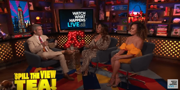 Andy Cohen asking Sherri Shepherd about stories in the tell-all book on 'Watch What Happens Live' on August 11, 2019 | Photo: YouTube/Watch What Happens Live with Andy Cohen