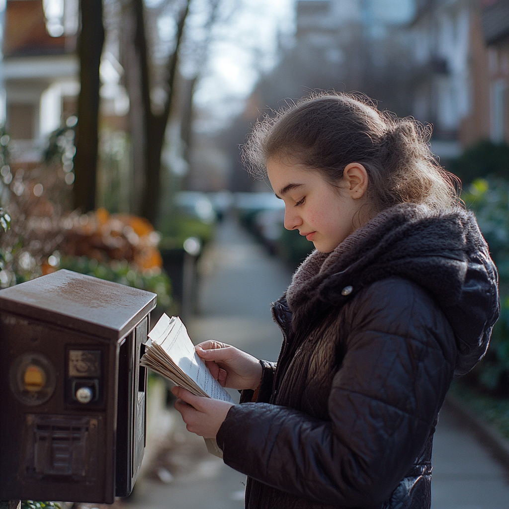 A young woman collects her mail from her mailbox | Source: Midjourney