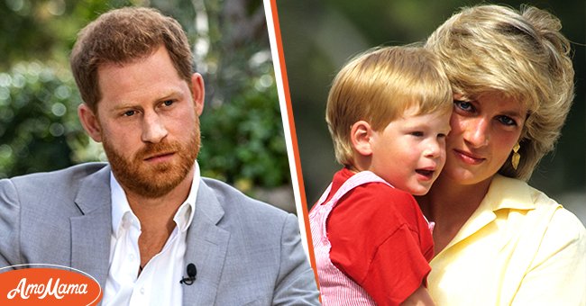 Prince Harry being interviewed for a CBS Primetime Special on March 5, 2021, and Princess Diana with Prince Harry on holiday in Majorca, Spain on August 10, 1987 | Photos: Harpo Productions/Joe Pugliese & Georges De Keerle/Getty Images