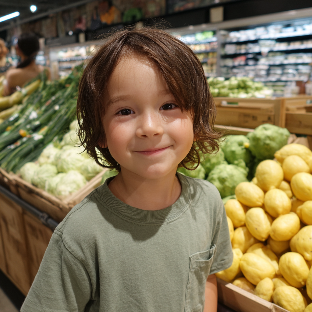 A happy little boy wearing a green T-shirt | Source: Midjourney