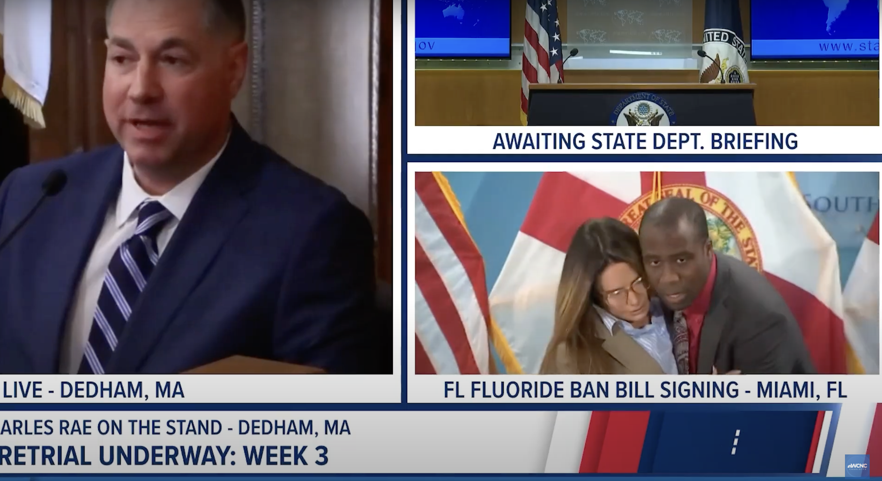 Dr. Joseph Ladapo helps Ileana Garcia as she appears unsteady, during a press conference in Miami, dated May 7, 2025 | Source: YouTube/WCNC