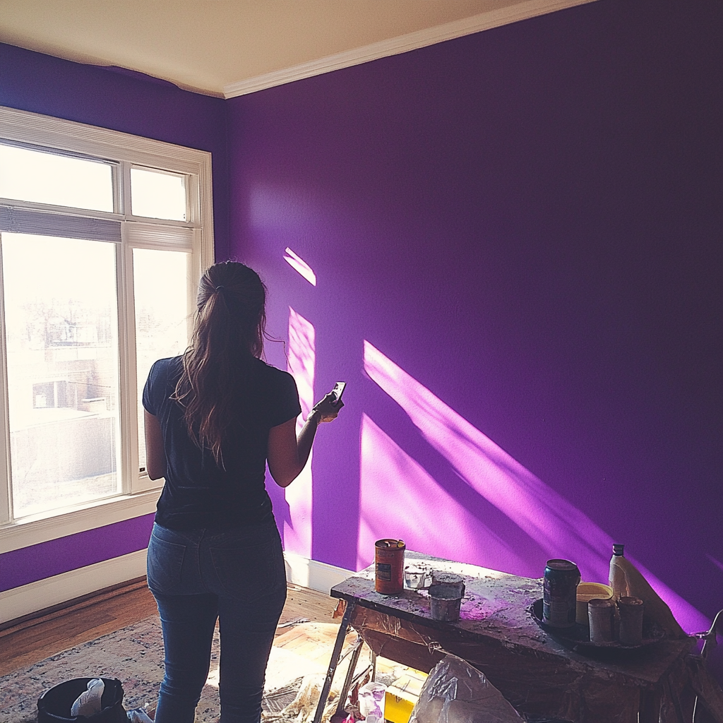 A woman painting the walls purple | Source: Midjourney