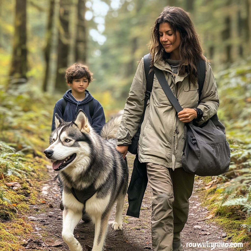 A woman walking into the woods with her son and husky | Source: Midjourney