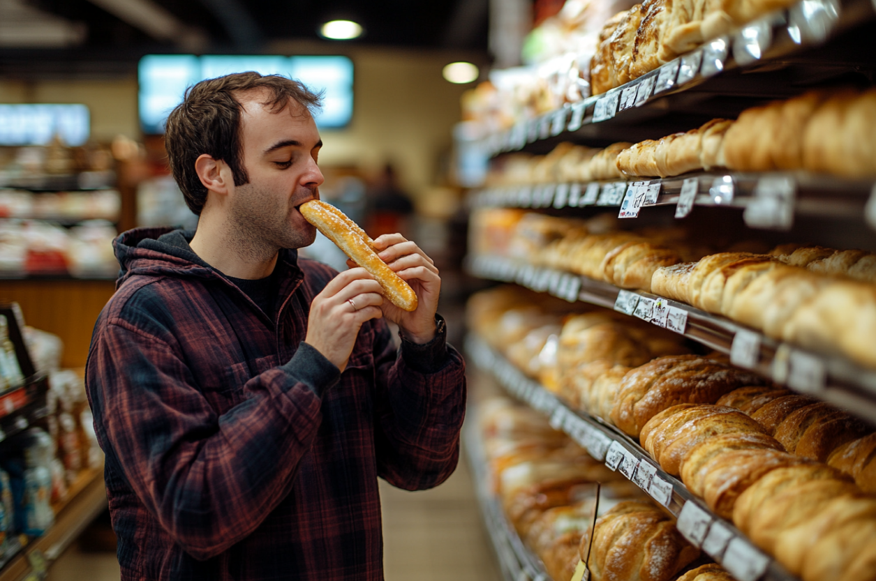 A man eating a breadstick in a grocery store | Source: Midjourney