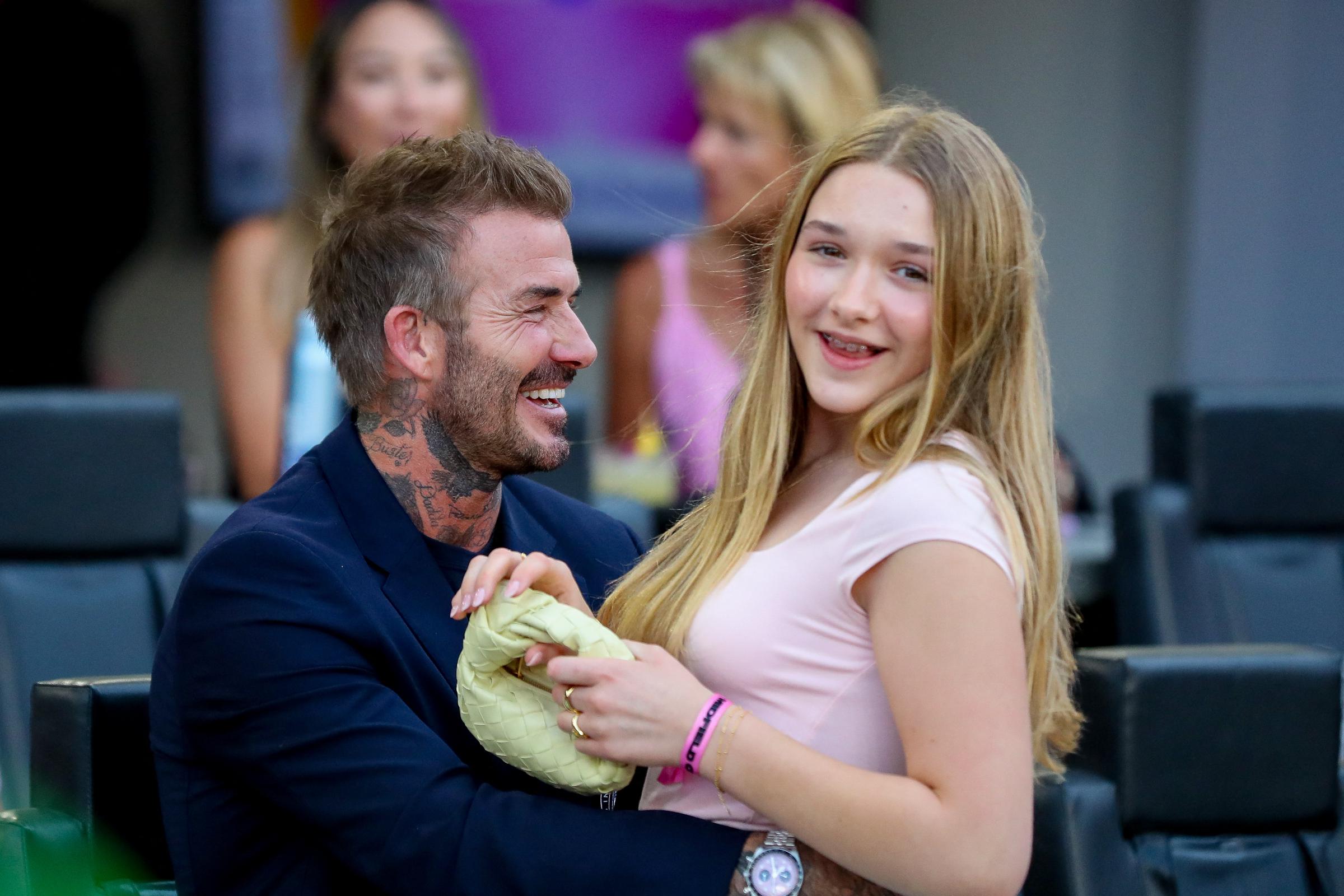 David and Harper Beckham at the Major League Soccer (MLS) regular season football match between Inter Miami CF and St. Louis City SC in Fort Lauderdale, Florida on June 1, 2024 | Source: Getty Images