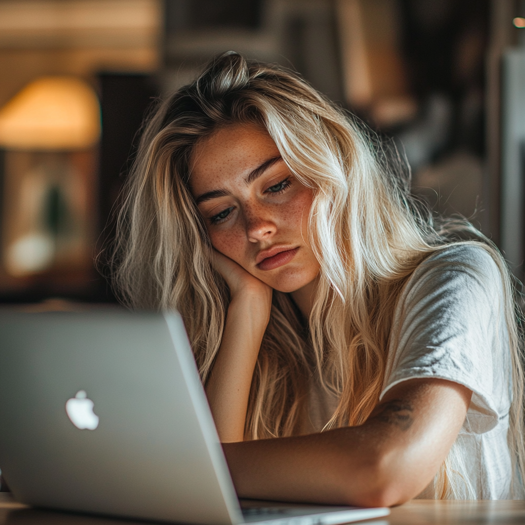 An extremely tired woman working on her laptop from home | Source: Midjourney