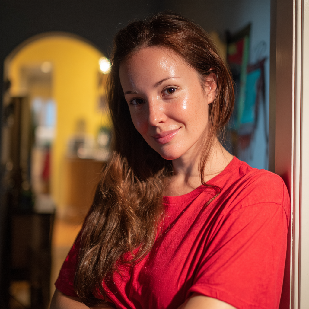A smiling woman leaning against a doorframe | Source: Midjourney
