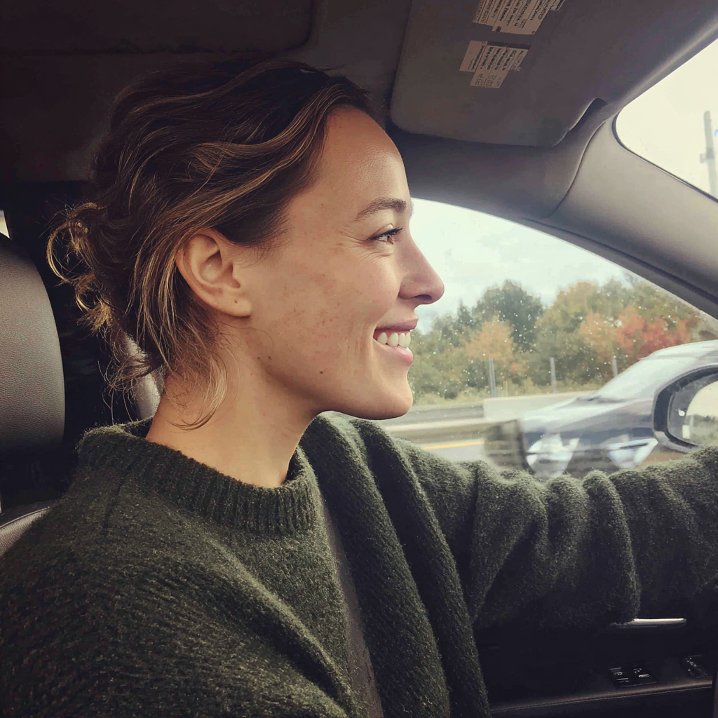 A smiling woman driving a car | Source: Midjourney
