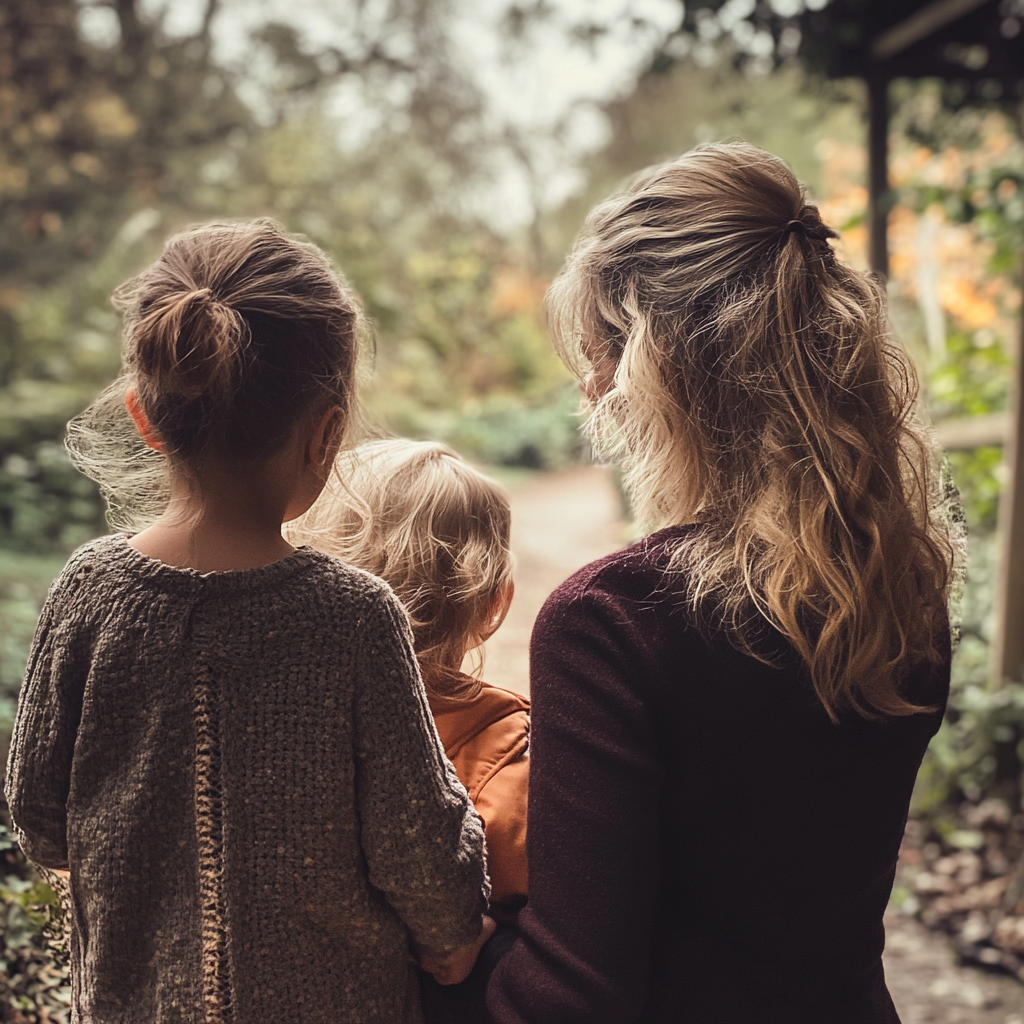 Woman walking away with her children | Source: Midjourney