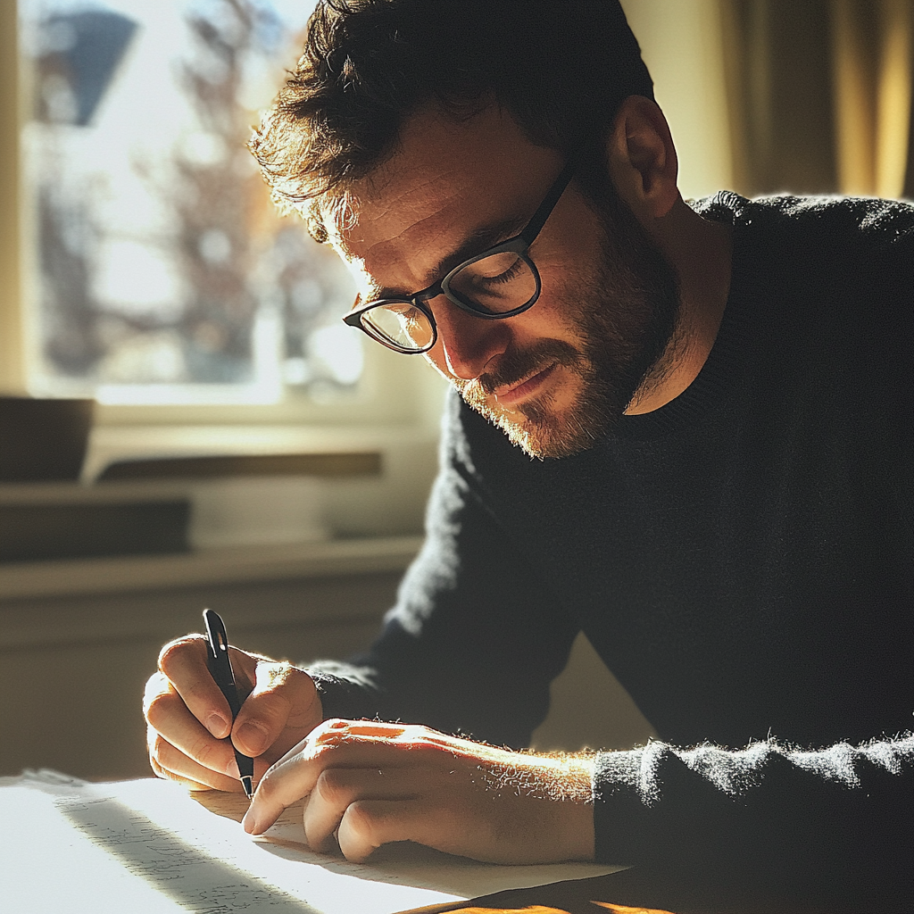 A man writing on a piece of paper | Source: Midjourney