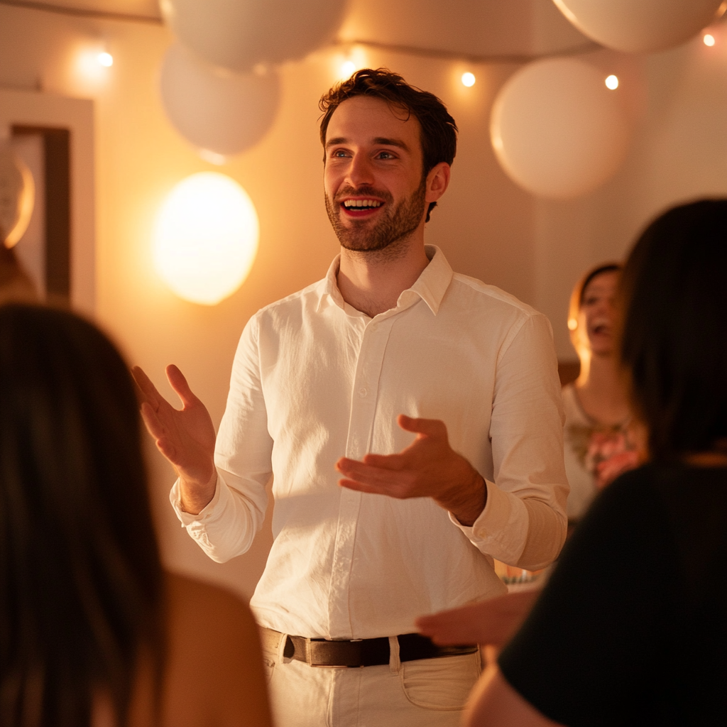 Man speaking to guests at a party | Source: Midjourney