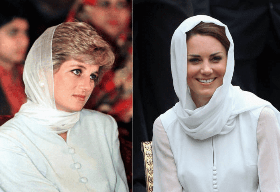 A comparison of Princess Diana (Pakistan, on June 22, 1996 ) and Kate Middleton wearing a headscarf (Kuala Lumpur, on September 12, 2012)  | Source: Tim Graham/Chris Jackson/Getty Images