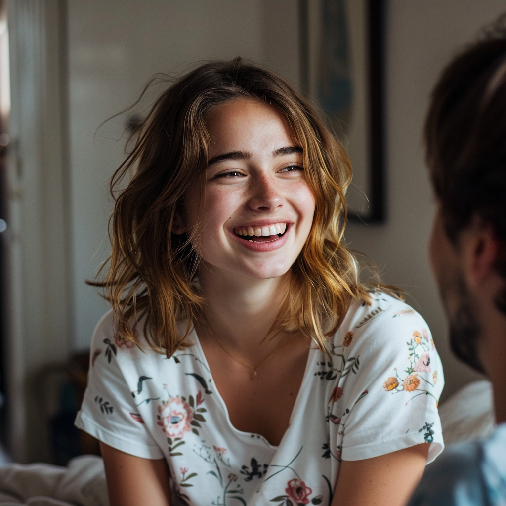 A woman laughs while looking at her husband | Source: Midjourney