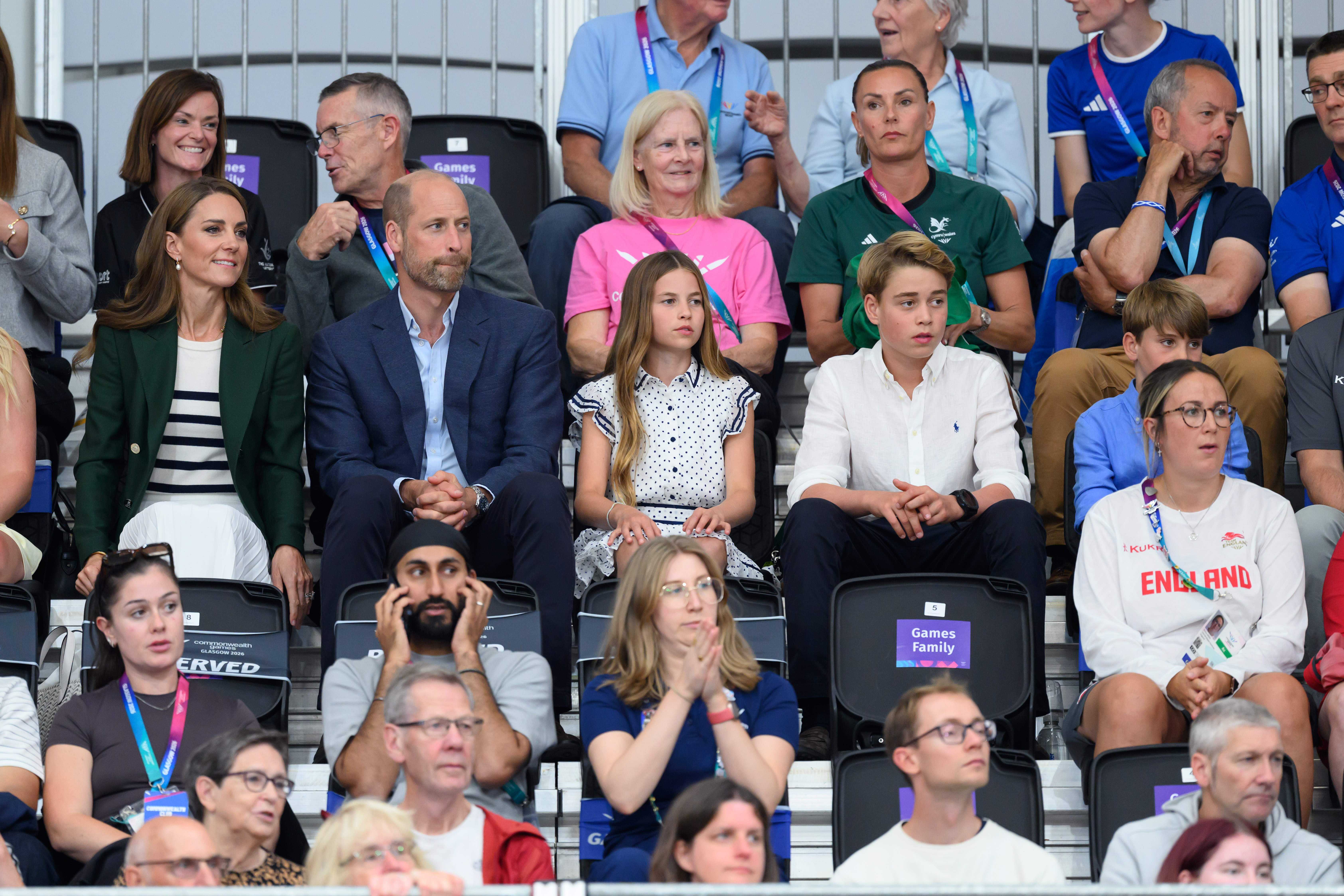 Catherine, Princess of Wales, Duchess of Rothsay, Prince William, Prince of Wales, Duke of Rothsay, Princess Charlotte of Wales, Prince George of Wales and Prince Louis of Wales attend the track Cycling during the 2026 Commonwealth Games at the Sir Chris Hoy Velodrome on August 1 in Glasgow, Scotland. | Source: Getty Images