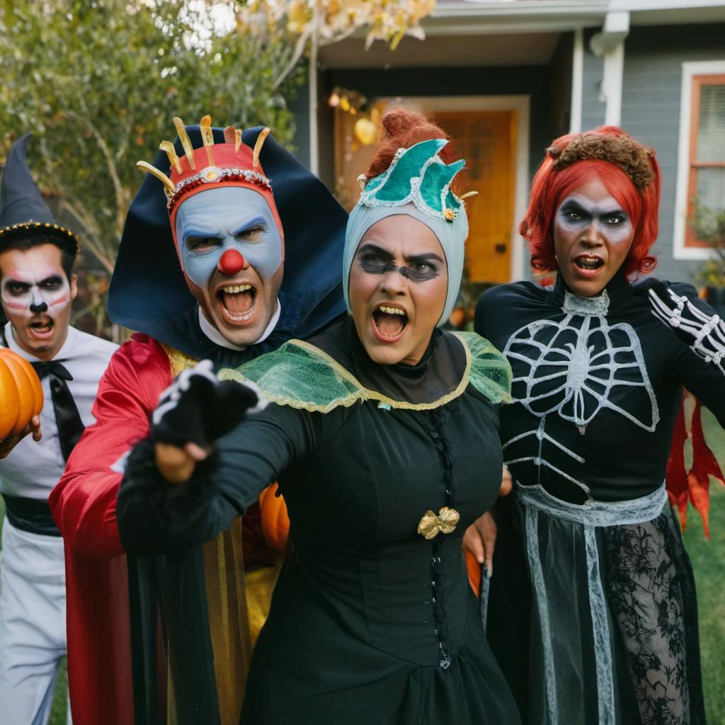 People dressed in scary costumes performing in a backyard | Source: Midjourney