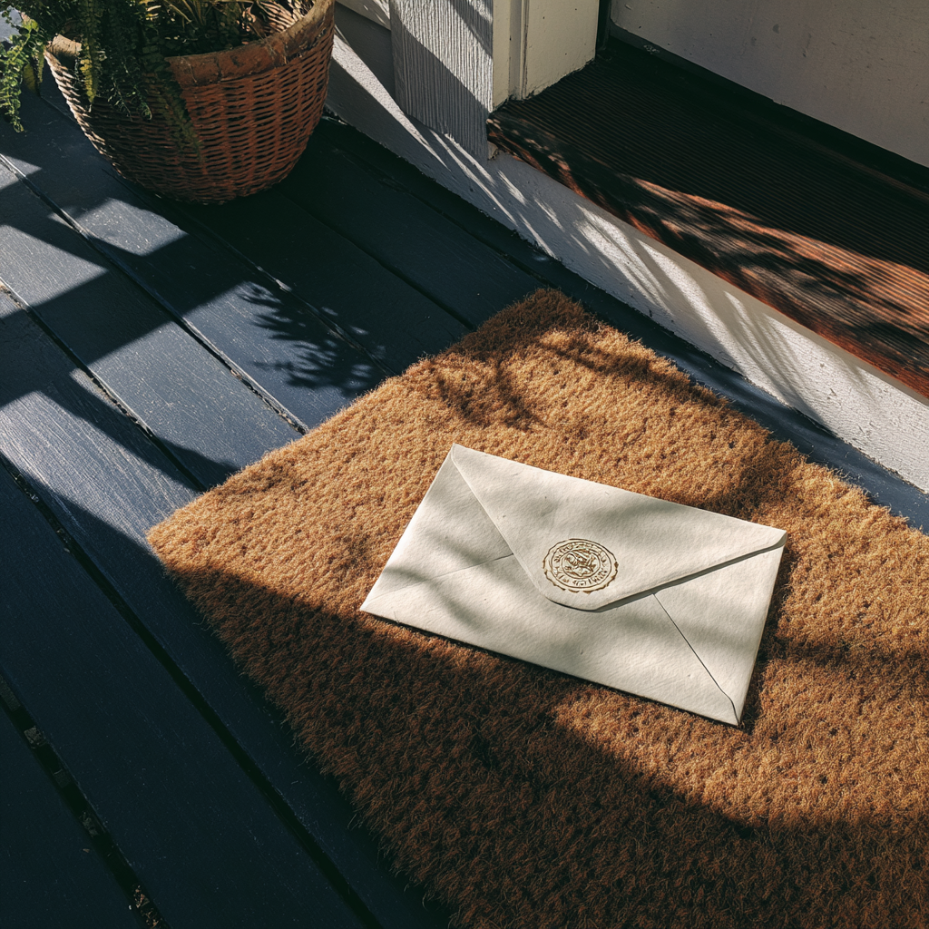 An envelope on a welcome mat | Source: Midjourney