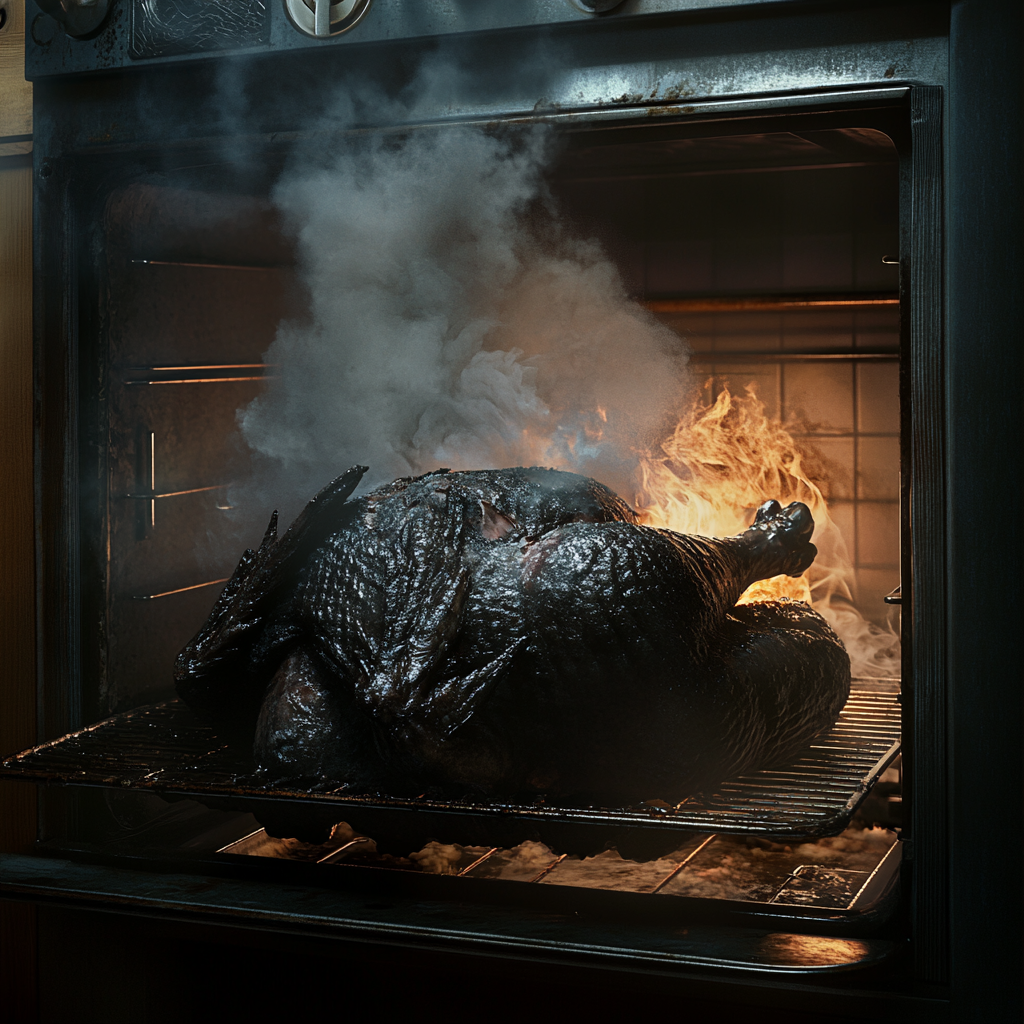 A burnt turkey in an oven | Source: Midjourney