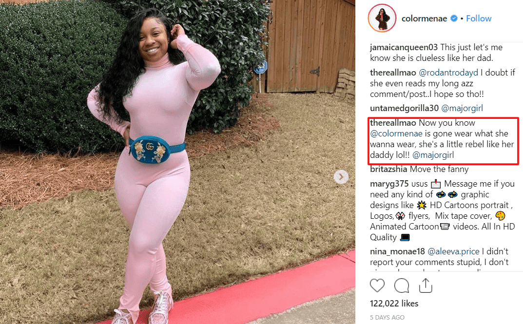 Screenshot of User's comment on Reginae Carter's post. | Photo: Instagram/Colormenae