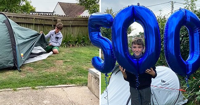 11-year-old Max Woosey with his tent (left) and holding up balloons (right) │ Source: BBC News