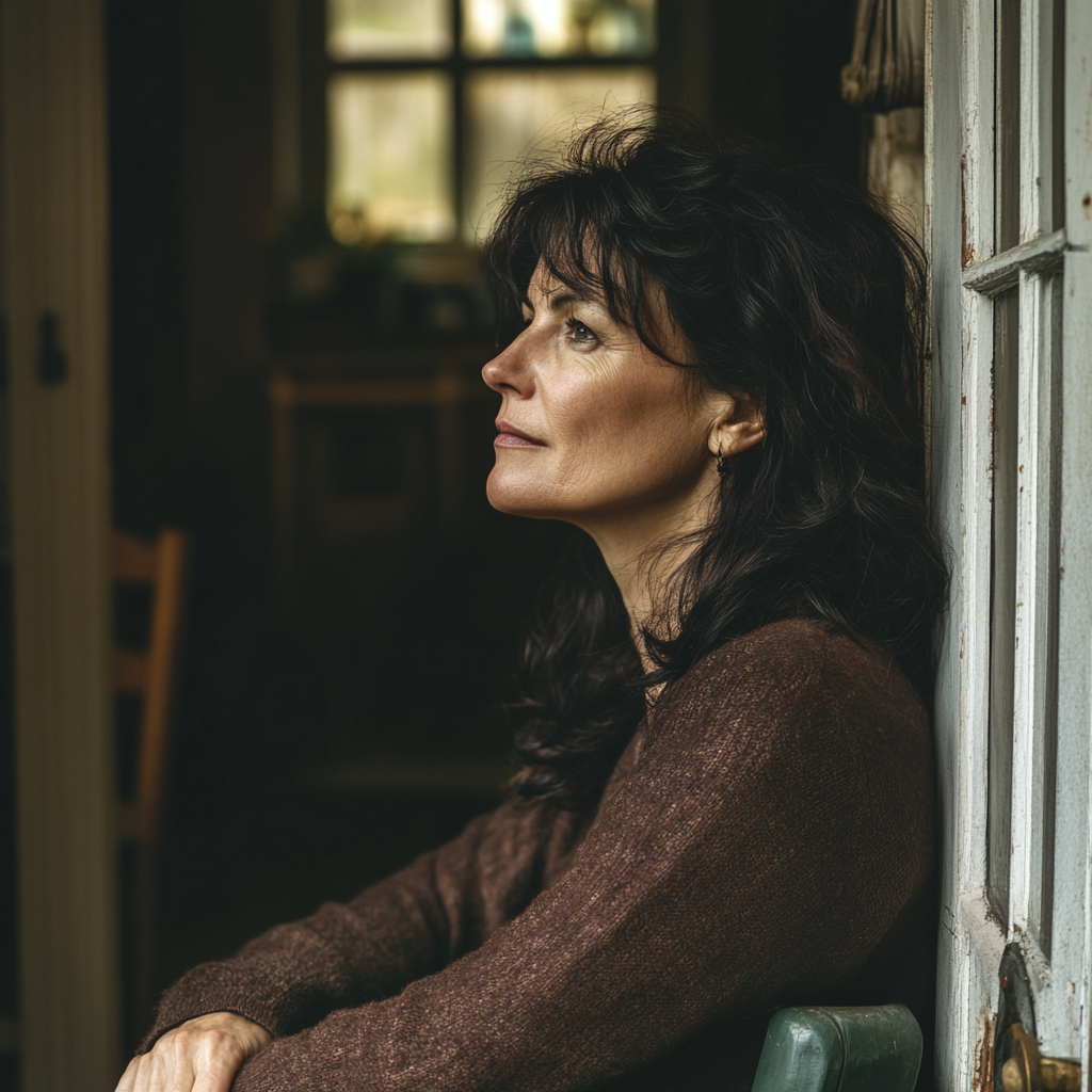 A mature woman sitting with her back against the door | Source: Midjourney