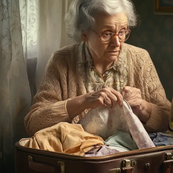 An elderly woman looks shocked as she examines clothing items in an open suitcase | Source: Midjourney