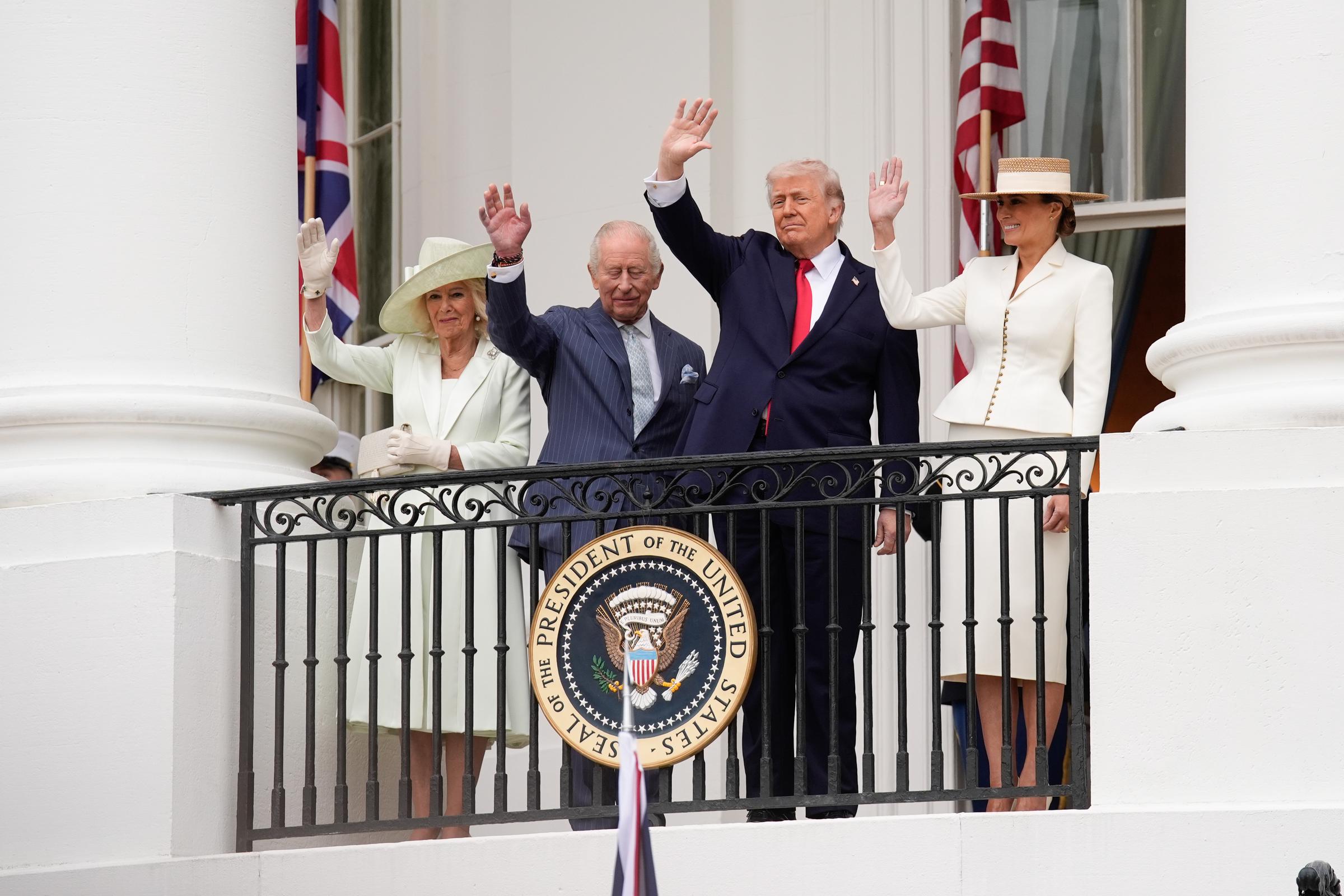 King Charles III, Queen Camilla, Donald Trump and Melania Trump at the White House on April 28, 2026, in Washington, DC | Source: Getty Images
